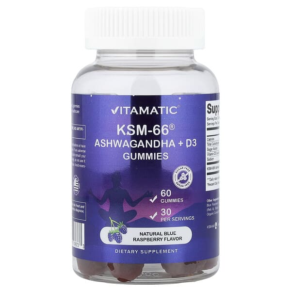 Vitamatic, KSM-66® Ashwagandha + D3 Gummies, Natural Blue Raspberry, 60 Gummies — product photo 1