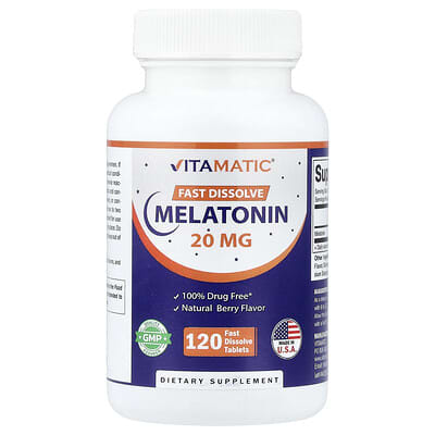 Vitamatic, Melatonin, Natural Berry Flavor, 20 mg, 120 Quick Dissolve Tablets