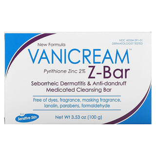 Vanicream, Z-Bar, Barra de limpieza medicada contra la dermatitis seborreica y la caspa, Sin fragancia, 100 g (3,53 oz)
