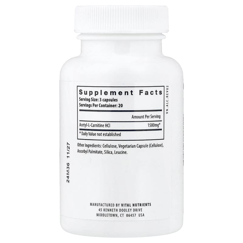 Acetyl L-Carnitine, 60 Vegan Capsules (500 mg per Capsule)