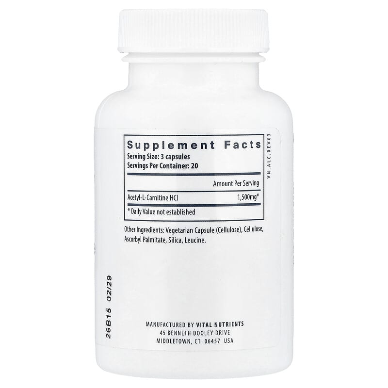 Acetyl L-Carnitine, 60 Vegan Capsules (500 mg per Capsule)
