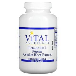 Vital Nutrients, Бетаин гидрохлорид, пепсин, экстракт корня горечавки, 225 капсул