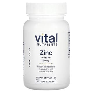 Vital Nutrients, Zinc (citrato), 30 mg, 90 cápsulas veganas