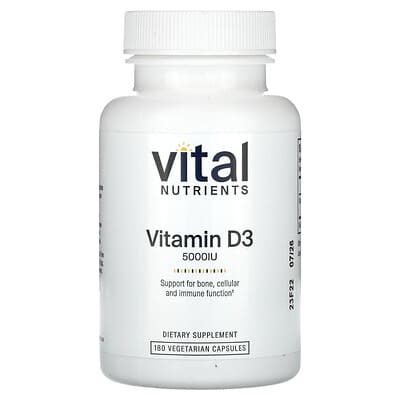 Vital Nutrients, Vitamin D3, 5000 IU, 180 Vegetarian Capsules