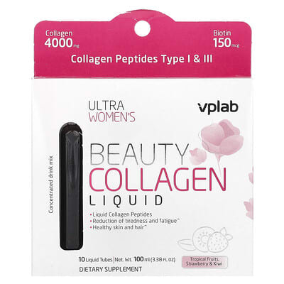 VPLab, Ultra Women Beauty Collagen Solution, Tropical Fruit Flavors, Strawberry & Kiwi, 10 Tubes, 3.38 fl oz (100 ml)