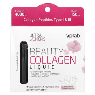 Vplab, Ultra Women's Beauty Collagen Líquido, Frutas Tropicais, Morango e Kiwi, 4.000 mg, 10 Tubos Líquidos, 100 ml (3,38 fl oz)