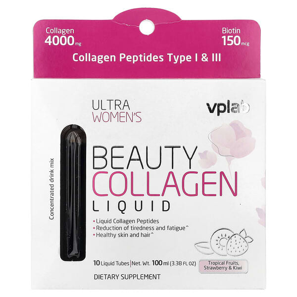 VPLab, Ultra Women's Beauty Collagen Liquid, Tropical Fruits, Strawberry & Kiwi, 10 Liquid Tubes, 3.38 fl oz (100 ml) — product photo 1