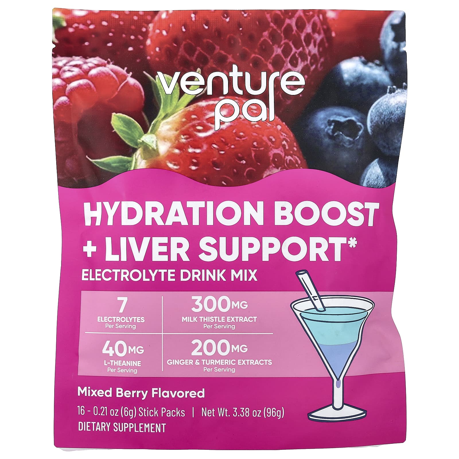 Venture Pal, Hydration Boost + поддержка печени, смесь для приготовления электролитического напитка, со вкусом ягодного ассорти, 16 пакетиков-стиков по 6 г (0,21 унции)