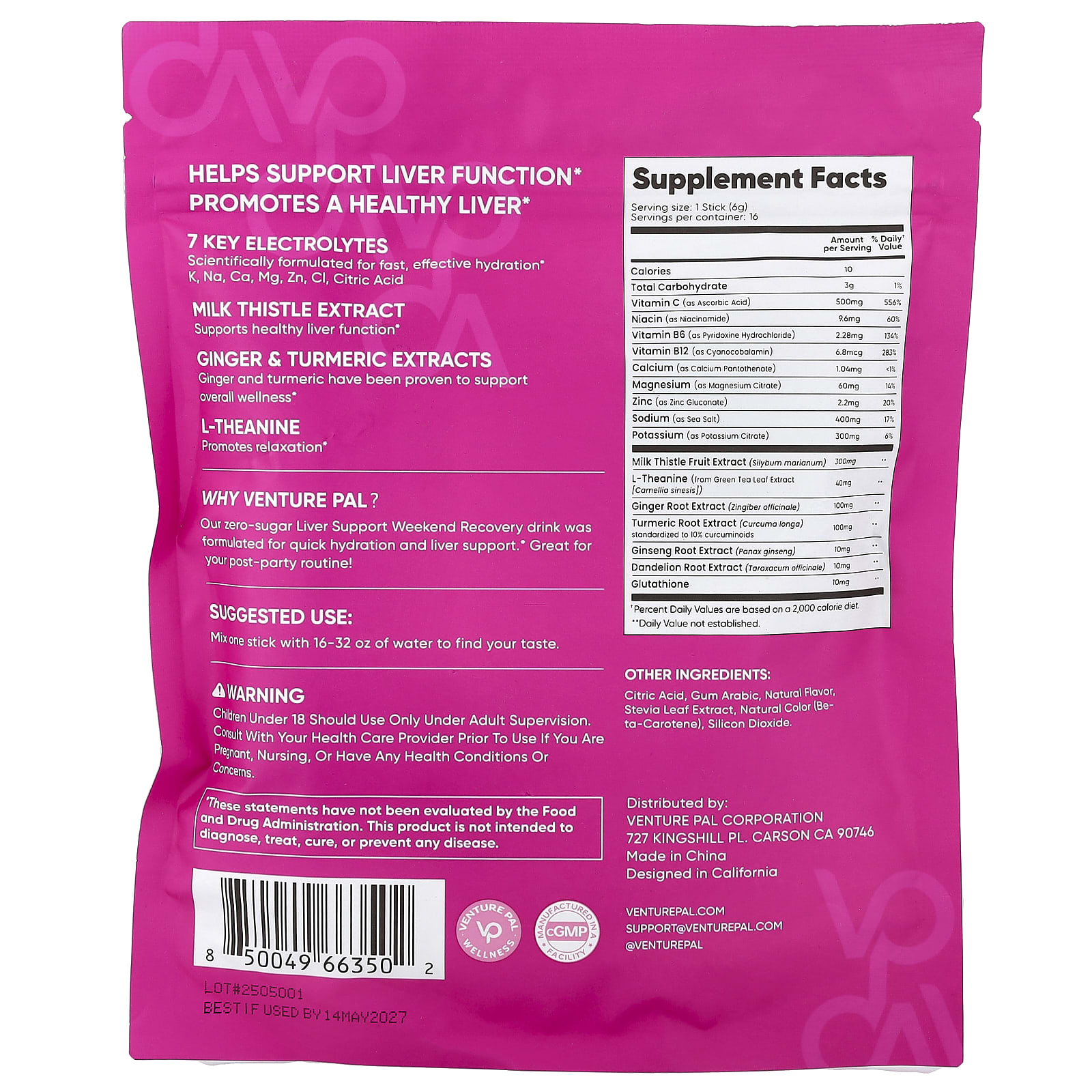 Venture Pal, Hydration Boost + Liver Support, Electrolyte Drink Mix, Mixed Berry, 16 Sticks Packs, 0.21 oz (6 g) Each