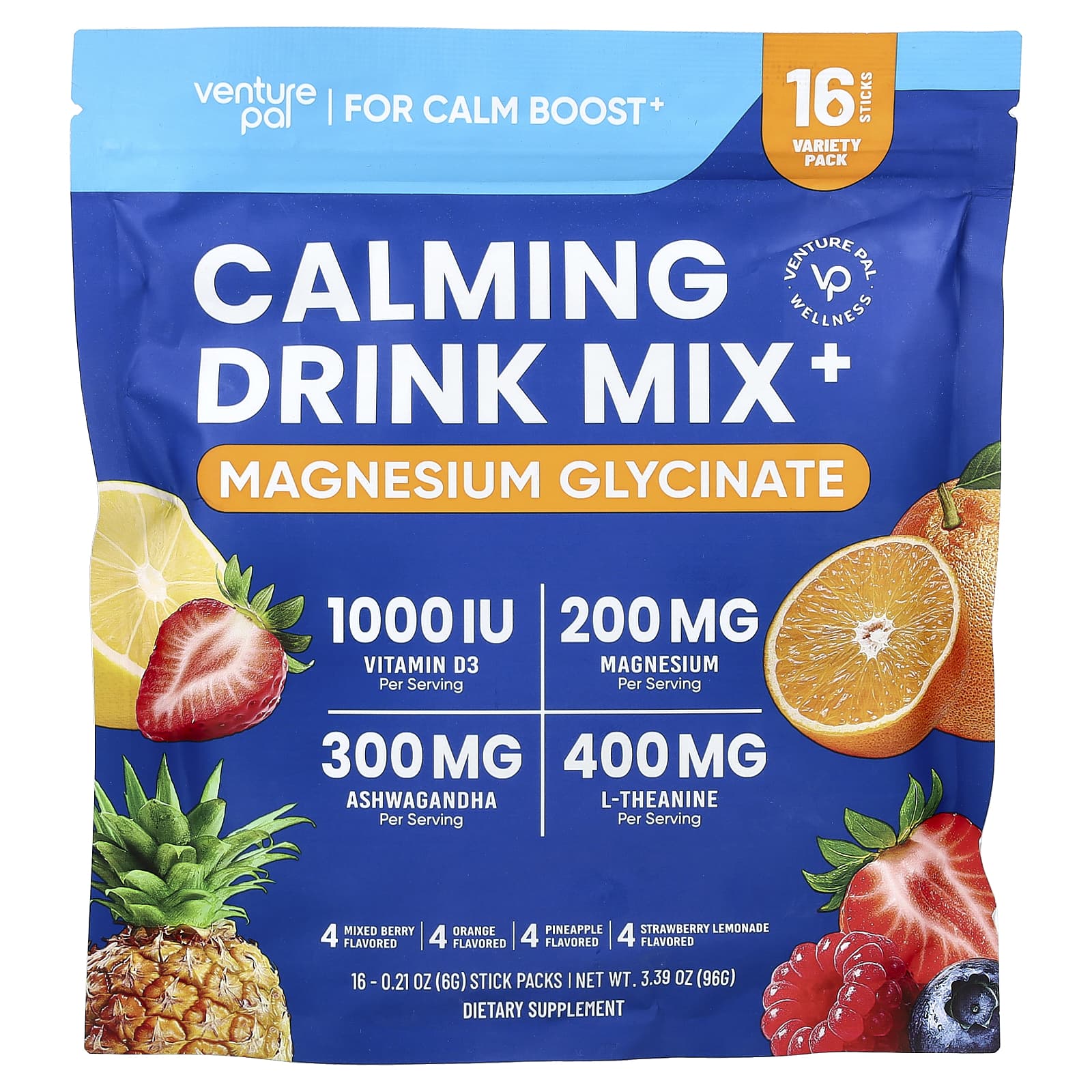 Calming Drink Mix+, Magnesium Glycinate, Variety, 16 Stick Packs
