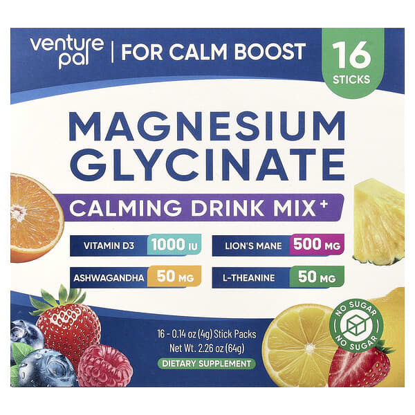Venture Pal, Calming Drink Mix+, Magnesium Glycinate, Variety, 16 Stick Packs, 0.14 oz (4 g) Each