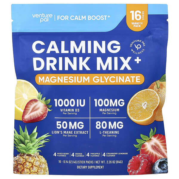 Calming Drink Mix+, Magnesium Glycinate, Variety, 16 Stick Packs, 0.14 oz (4 g) Each