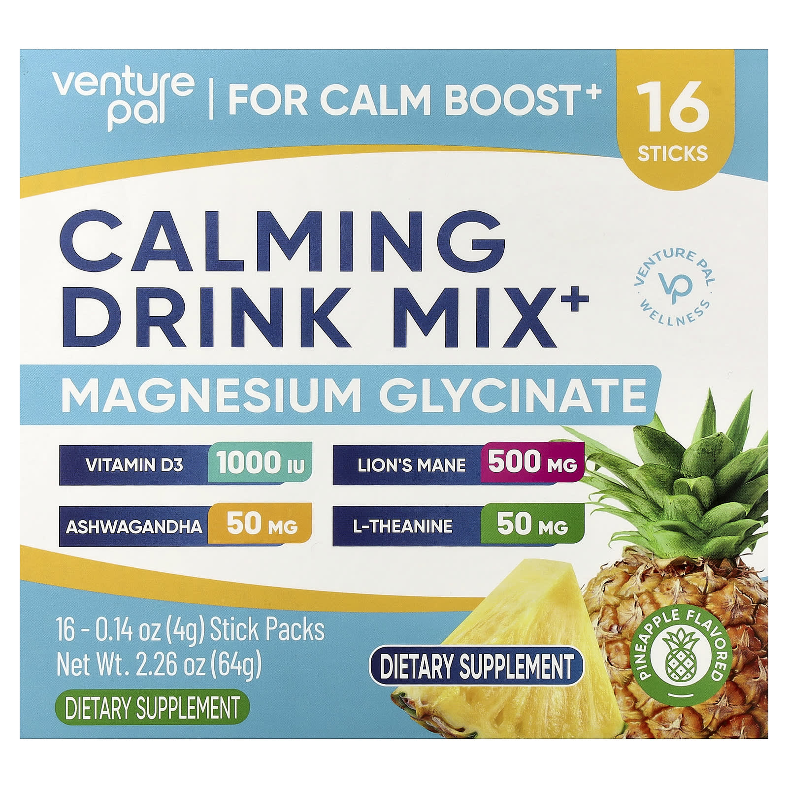 Venture Pal, успокаивающая смесь для приготовления напитка, с ананасом, 16 пакетиков по 4 г (0,14 унции)
