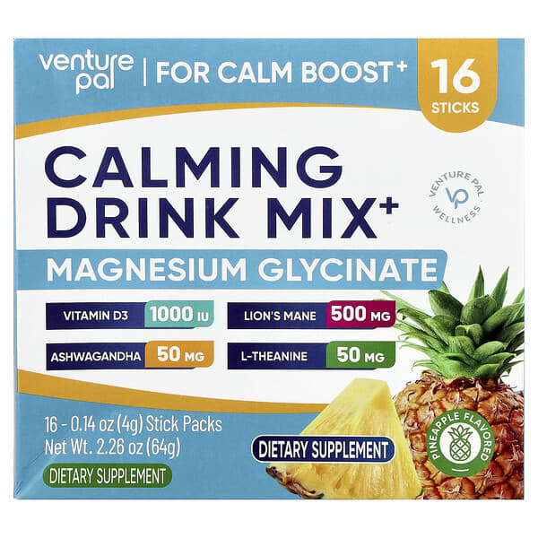 Venture Pal, Calming Drink Mix+, Magnesium Glycinate, Pineapple, 16 Stick Packs, 0.14 oz (4 g) Each