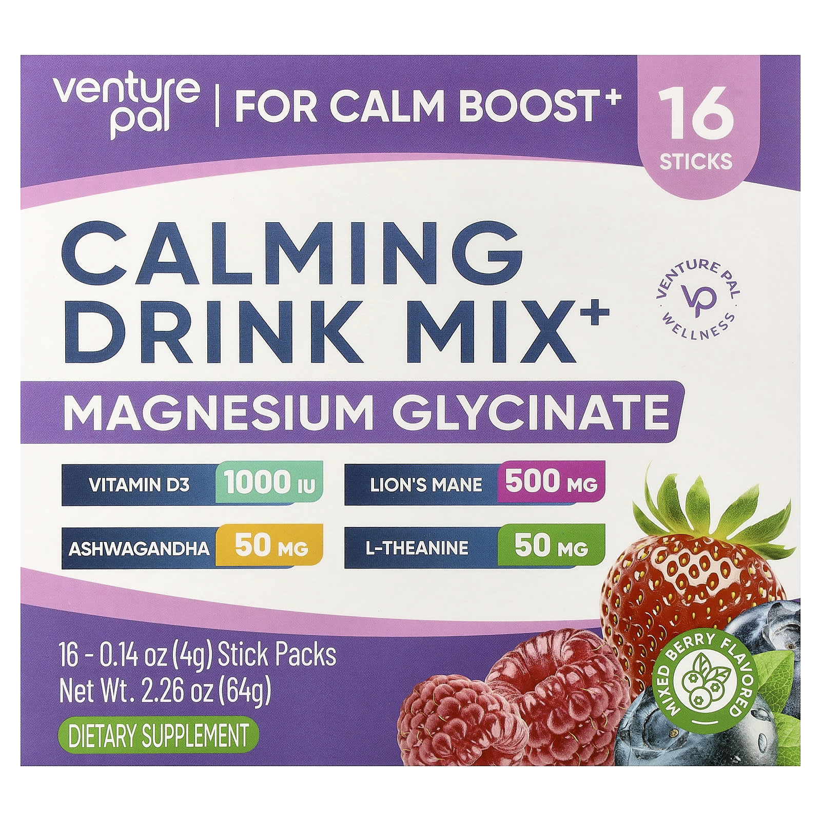Venture Pal, смесь для приготовления успокаивающего напитка, глицинат магния, ягодное ассорти, 16 стик-пакетов по 4 г (0,14 унции)