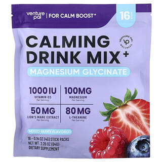 Venture Pal, Lugnande dryckesmix+, magnesiumglycinat, blandade bär, 16 stickförpackningar, 0,14 oz (4 g) styck