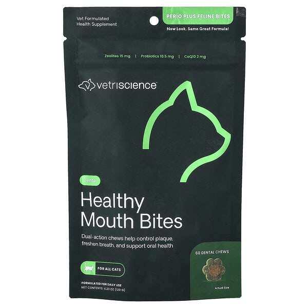  VetriScience, Healthy Mouth Bites, For Cats, 60 Dental Chews, 4.23 oz (120 g)