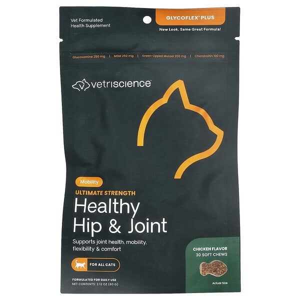  VetriScience, GlycoFlex® Plus, Caderas y articulaciones saludables, Para todos los gatos, Pollo, 30 comprimidos masticables blandos, 60 g (2,12 oz)