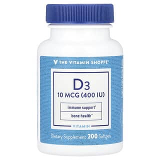 The Vitamin Shoppe, 維生素 D3，10 微克（400 國際單位），200 粒軟凝膠