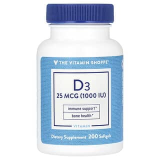 The Vitamin Shoppe, Витамин D3, 25 мкг (1000 МЕ), 200 мягких таблеток