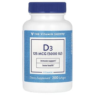 The Vitamin Shoppe, витамин D3, 125 мкг (5000 МЕ), 200 капсул