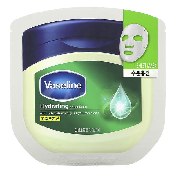Vaseline, Mascarilla de belleza hidratante en lámina con vaselina y ácido hialurónico, Mascarilla en 1 lámina, 23 ml (0,78 oz. Líq.)