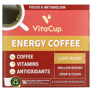 VitaCup‏, קפה Energy, קלייה קלה, 16 כוסות, 11 גרם (0.39 אונקיות) ליחידה