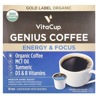 VitaCup, Genius Coffee, 미디엄 다크 로스트, 포드 16개, 각 10g(0.35oz)