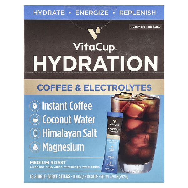 VitaCup, 수분 보충 인스턴트 커피 및 전해질, 미디엄 로스트, 1회 제공량 스틱 18개, 개당 4.4g(0.16oz)