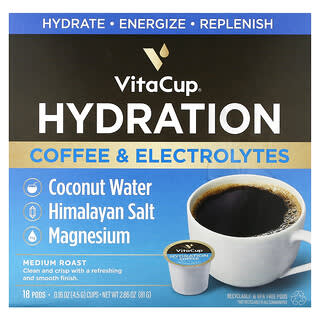 VitaCup, Hidratación, Café y electrolitos, Tostado medio`` 18 cápsulas, 4,5 g (0,16 oz) cada una