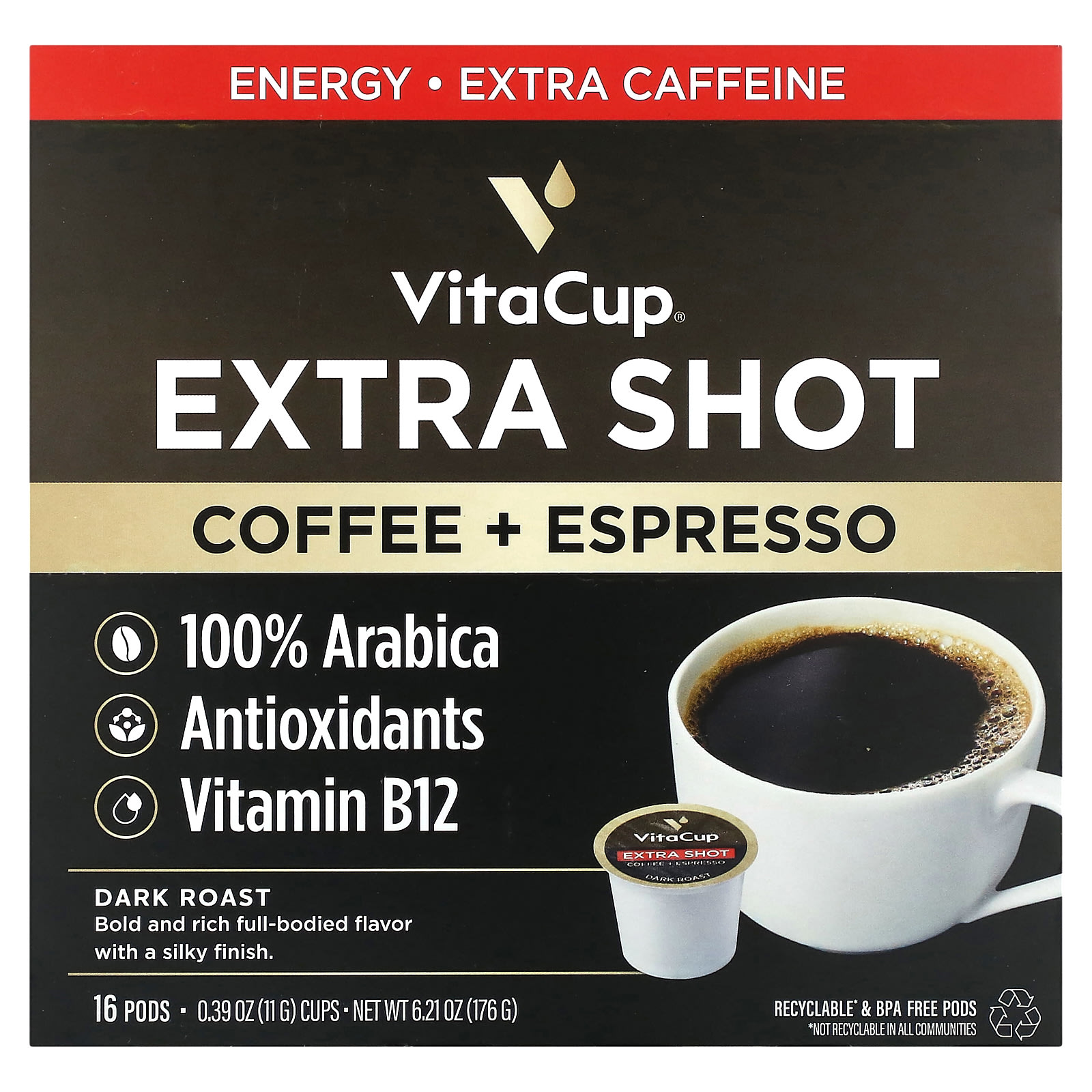 Extra Shot, Coffee + Espresso, Dark Roast, 16 Pods, 0.39 oz (11 g