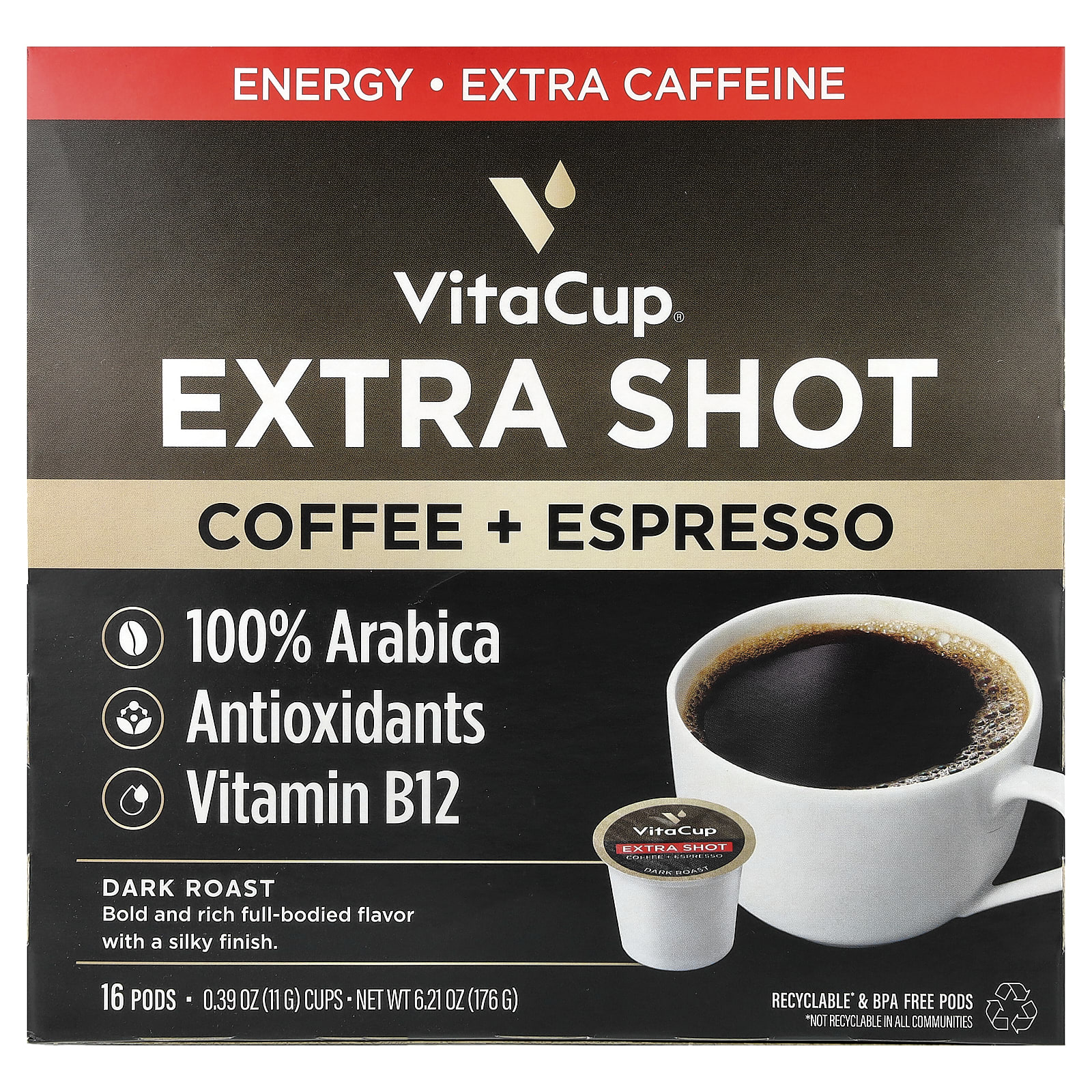 Extra Shot, Coffee + Espresso, Dark Roast, 16 Pods, 0.39 oz (11 g