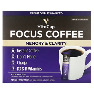 VitaCup, Café instantané Focus, Mémoire et clarté, Torréfaction moyenne, 24 bâtonnets individuels, 3,3 g chacun