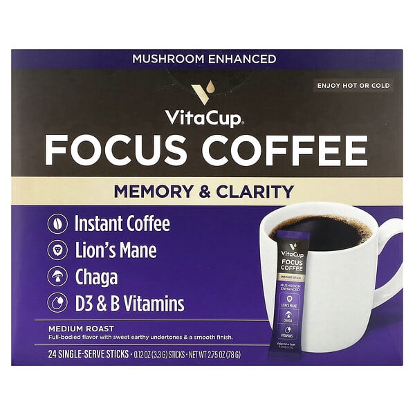 VitaCup, 포커스 인스턴트 커피, 미디엄 로스트, 1회 제공량 스틱 24개, 개당 3.3g(0.12oz)