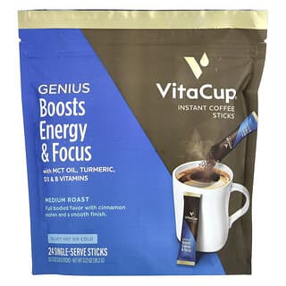 VitaCup, Genius, Instant Coffee Sticks, Instant Coffee Sticks, mittlere Röstung, 24 Portionssticks, je 3,8 g (0,13 oz.).