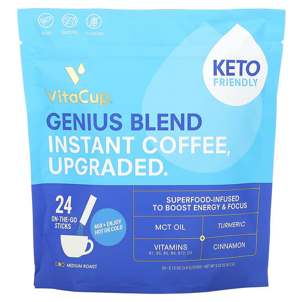 VitaCup‏, Genius Blend Instant Coffee, Medium Roast, 24 On-The-Go Sticks, 0.13 oz (3.8 g) Each