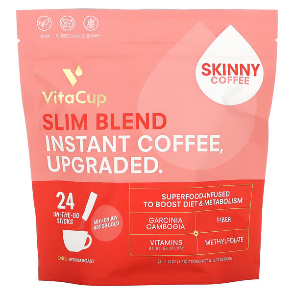 VitaCup‏, Slim Blend Instant Coffee, Medium Roast, 24 On-The-Go Sticks, 0.13 oz (3.7 g) Each