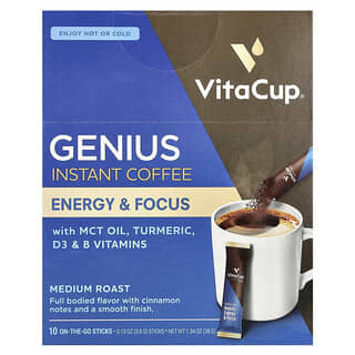 VitaCup, 지니어스 인스턴트 커피, 미디엄 다크 로스트, 휴대용 스틱 10개, 개당 3.8g(0.13oz)