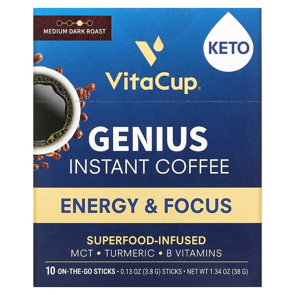 VitaCup‏, Genius Instant Coffee, Medium Dark Roast, 10 On-The-Go Sticks, 0.13 oz (3.8 g) Each