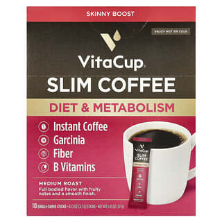 VitaCup, Café instantáneo para adelgazar, Tostado medio, 10 barritas individuales, 3,7 g (0,13 oz) cada una