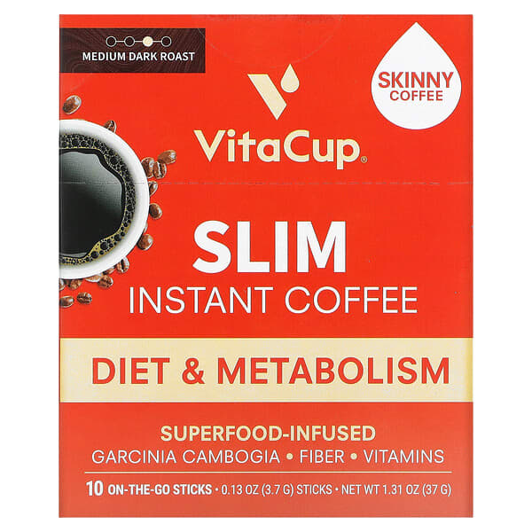 VitaCup‏, Slim Instant Coffee, Medium Dark Roast, 10 On-The-Go Sticks, 0.13 oz (3.7 g) Each