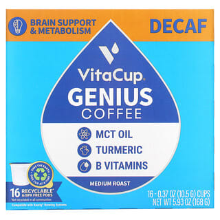VitaCup, Genius Coffee（ジーニアスコーヒー）、ミディアムロースト、カフェインレス、16カップ、各10.5g（0.37オンス）