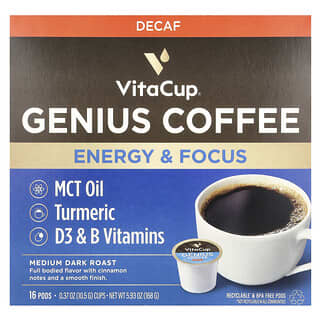 VitaCup, Genius Coffee, Tostado oscuro medio, Descafeinado, 16 cápsulas, 10,5 g (0,37 oz) cada una