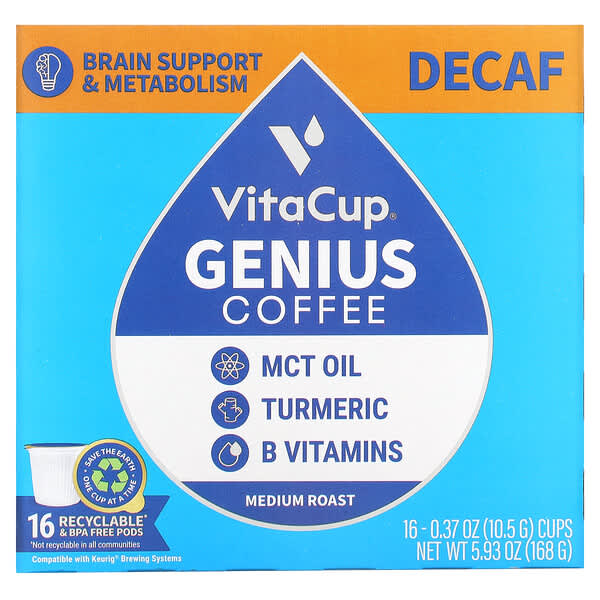 VitaCup, Genius Coffee, Medium Roast, Decaf, 16 Cups, 0.37 oz (10.5 g) Each
