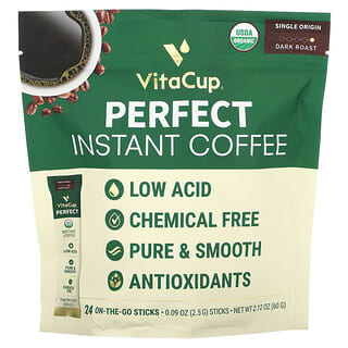 VitaCup, قهوة فورية مثالية ، تحميص داكن ، 24 قطعة قماشية أثناء التنقل ، 0.09 أونصة (2.5 جم) لكل قطعة