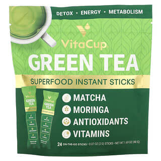 VitaCup, 緑茶スーパーフード インスタントスティック、無糖、持ち運びに便利なスティック24本、1本2g（0.07オンス）