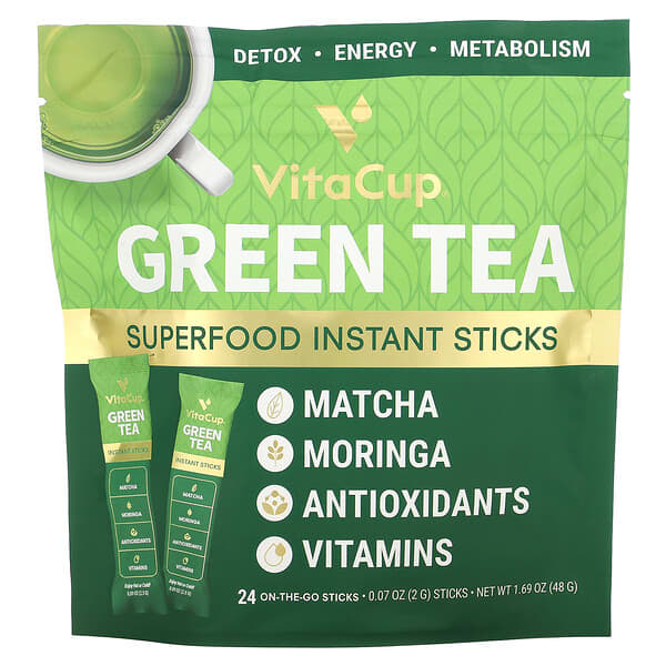 VitaCup, Green Tea Superfood Instant Sticks, Unsweetened, 24 On-The-Go Sticks, 0.07 oz (2 g) Each