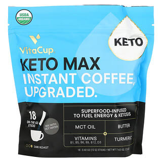 VitaCup, Keto Max Instant Coffee, Dark Roast, 18 On-The-Go Sticks, 0.42 oz (12 g ) Each