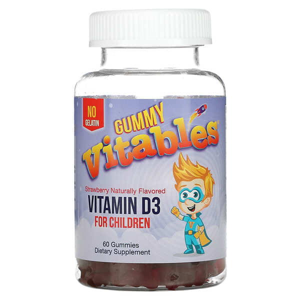 Vitables, Gummy Vitamin D3 For Children, Vitamin-D3-Fruchtgummis für Kinder, ohne Gelatine, Erdbeere, 60 vegetarische Fruchtgummis