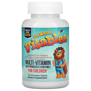 Vitables, Multivitamines à croquer pour enfants avec probiotiques et enzymes, Assortiment de fruits, 120 comprimés végétariens